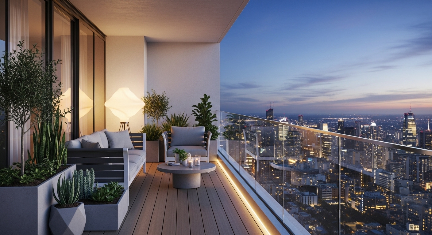 Modern balcony with city view